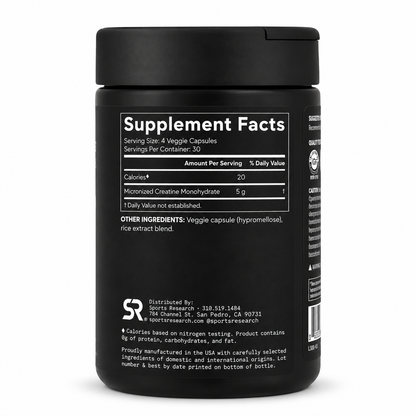 Creatina Monohidratada Micronizada 5 g Sports Research – 120 Cápsulas Vegetales