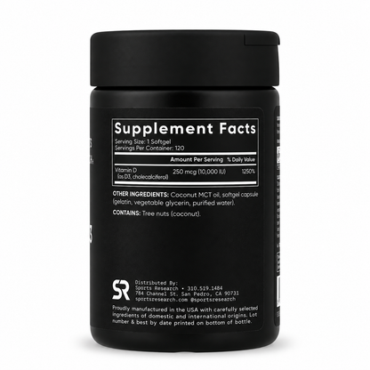 Vitamin D3 Max Strength 10,000 IU con Aceite MCT de Coco Sports Research – 120 Softgels