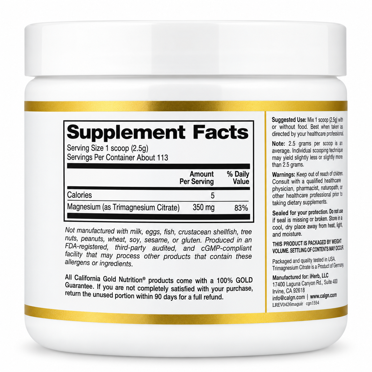 Magnesium Powder 350 mg California Gold Nutrition – 283 g