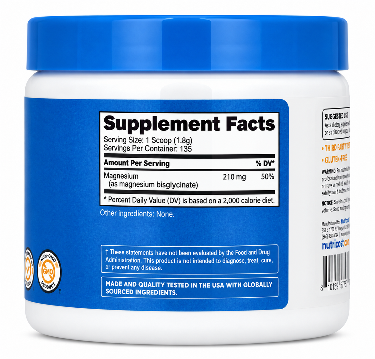 Nutricost Magnesium Glycinate en Polvo 250 g – Sin Sabor
